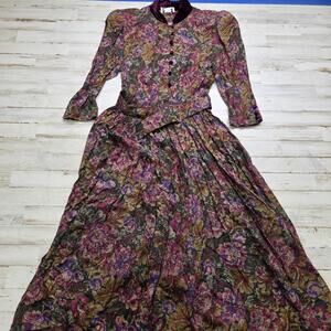 VTG Floral Maxi Dress Long Sleeve Robbie Bee LG 1980s-90s Rayon w Velvet Accents